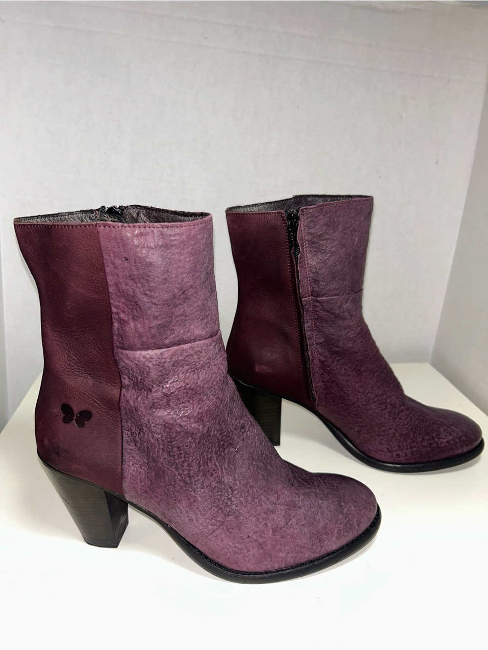Felmini Purple Pebbled Smooth Leather Zip Moto Heel Bootie Boot